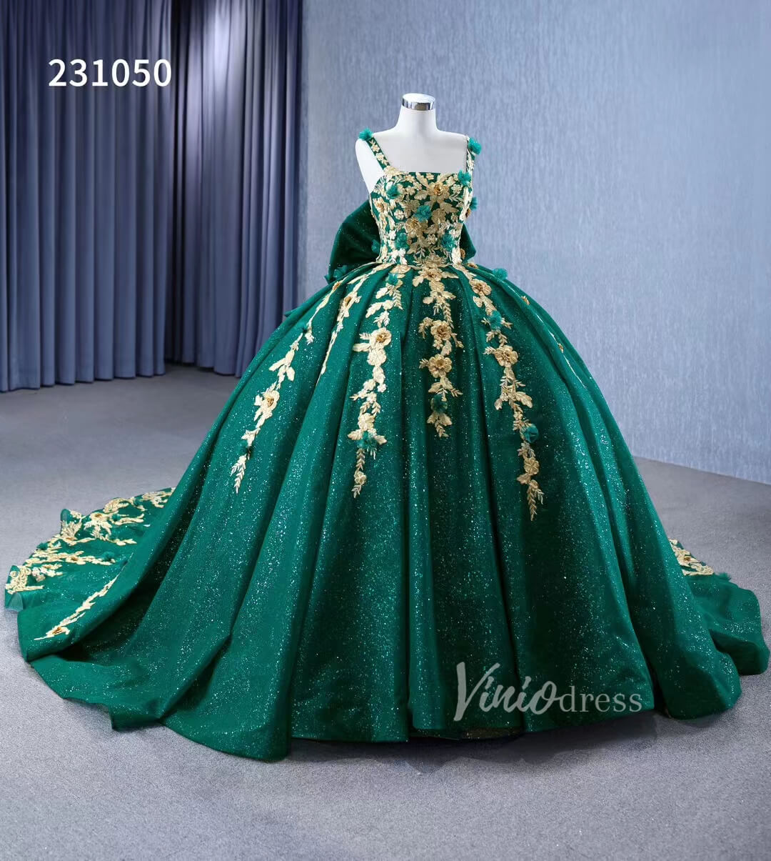 Gold Flower Green Wedding Dresses Sparly Tulle Ball Gowns 231050-Quinceanera Dresses-Viniodress-Viniodress