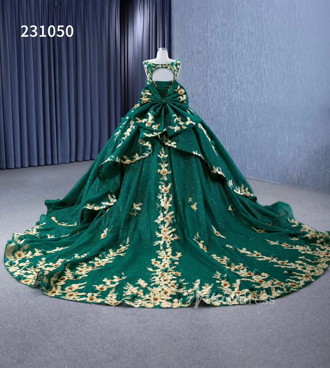 Gold Flower Green Wedding Dresses Sparly Tulle Ball Gowns 231050 - ViniodressQuinceanera DressesEmerald GreenCustom Size - Formal Dresses - Ball Gowns