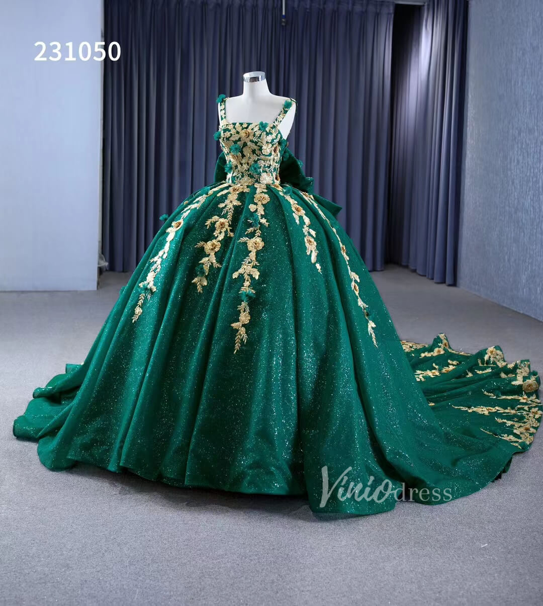 Gold Flower Green Wedding Dresses Sparly Tulle Ball Gowns 231050-Quinceanera Dresses-Viniodress-Viniodress