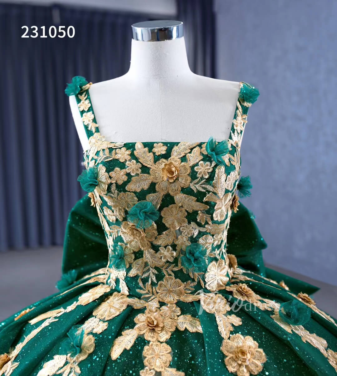 Gold Flower Green Wedding Dresses Sparly Tulle Ball Gowns 231050 - ViniodressQuinceanera DressesEmerald GreenCustom Size - Formal Dresses - Ball Gowns