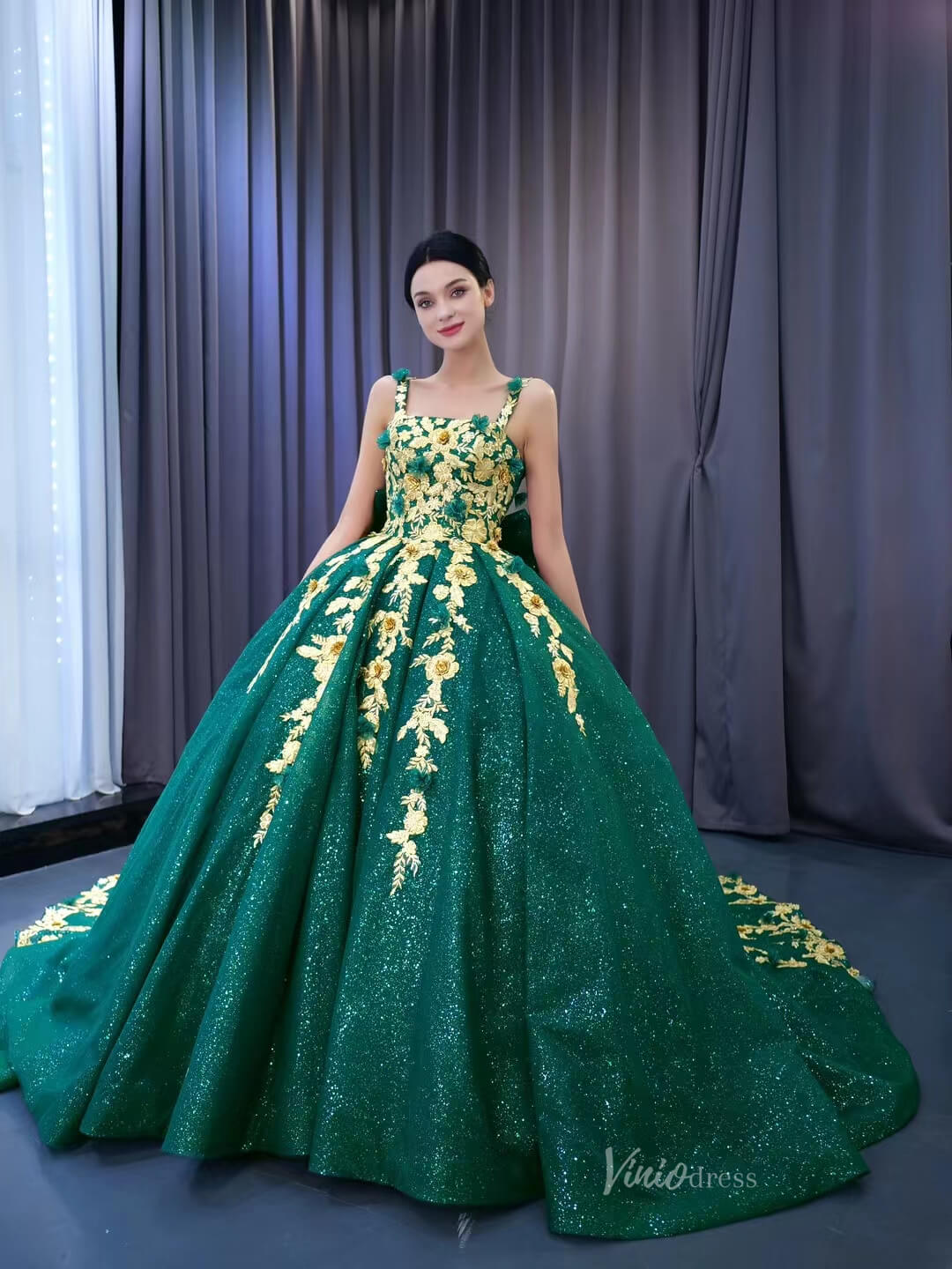 Gold Flower Green Wedding Dresses Sparly Tulle Ball Gowns 231050-Quinceanera Dresses-Viniodress-Emerald Green-Custom Size-Viniodress