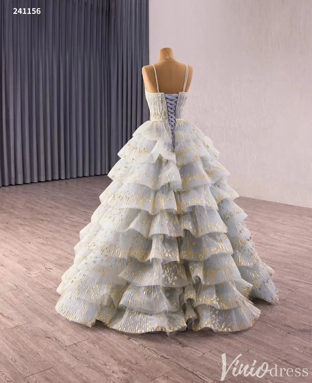 Gold Foil Layered Ruffle Quinceañera Dress with Double Straps 241156-Quinceanera Dresses 2025 -Viniodress-Gold-Custom Size-