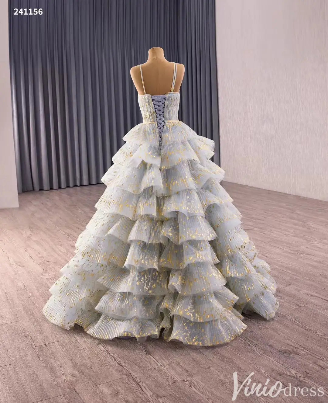 Gold Foil Layered Ruffle Quinceañera Dress with Double Straps 241156-Quinceanera Dresses 2025 -Viniodress-Gold-Custom Size-