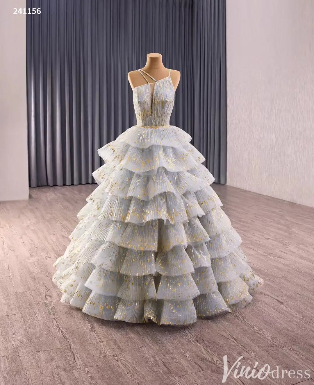 Gold Foil Layered Ruffle Quinceañera Dress with Double Straps 241156-Quinceanera Dresses 2025 -Viniodress-Gold-Custom Size-