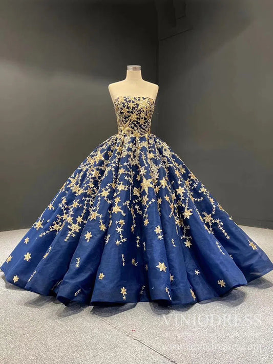 Gold Glitter Star Vintage Ball Gowns Couture Black Debut Dresses FD1770 viniodress-prom dresses 2025 -Viniodress-Blue-Custom Size-