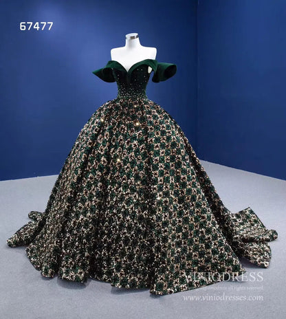 Gold Green Ball Gown Wedding Dress Off the Shoulder Sweet 15 Dress 67477-Quinceanera Dresses 2025 -Viniodress-Green-Custom Size-