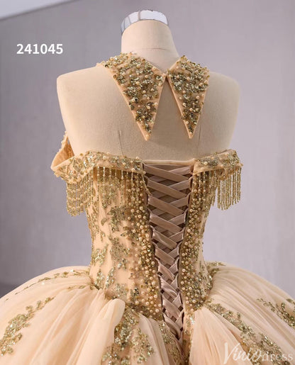 Gold Green Beaded Sequin Lace Wedding Gown Halter Neck Quinceanera Dress 241045-Quinceanera Dresses 2025 -Viniodress-Green-Custom Size-