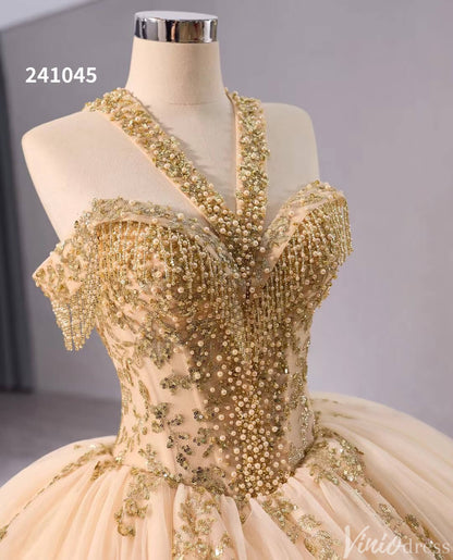 Gold Green Beaded Sequin Lace Wedding Gown Halter Neck Quinceanera Dress 241045-Quinceanera Dresses 2025 -Viniodress-Green-Custom Size-