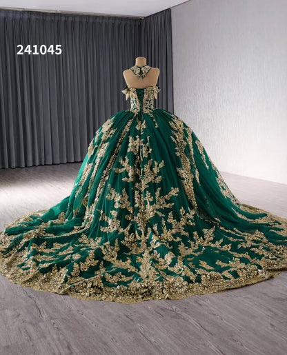 Gold Green Beaded Sequin Lace Wedding Gown Halter Neck Quinceanera Dress 241045-Quinceanera Dresses 2025 -Viniodress-Green-Custom Size-