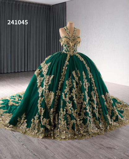 Gold Green Beaded Sequin Lace Wedding Gown Halter Neck Quinceanera Dress 241045-Quinceanera Dresses 2025 -Viniodress-Green-Custom Size-