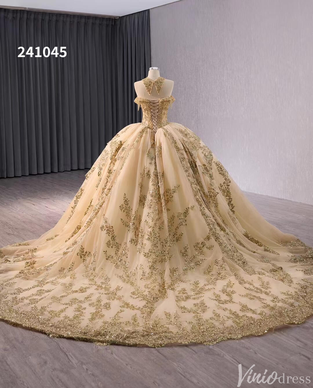 Gold Green Beaded Sequin Lace Wedding Gown Halter Neck Quinceanera Dress 241045-Quinceanera Dresses 2025 -Viniodress-Green-Custom Size-