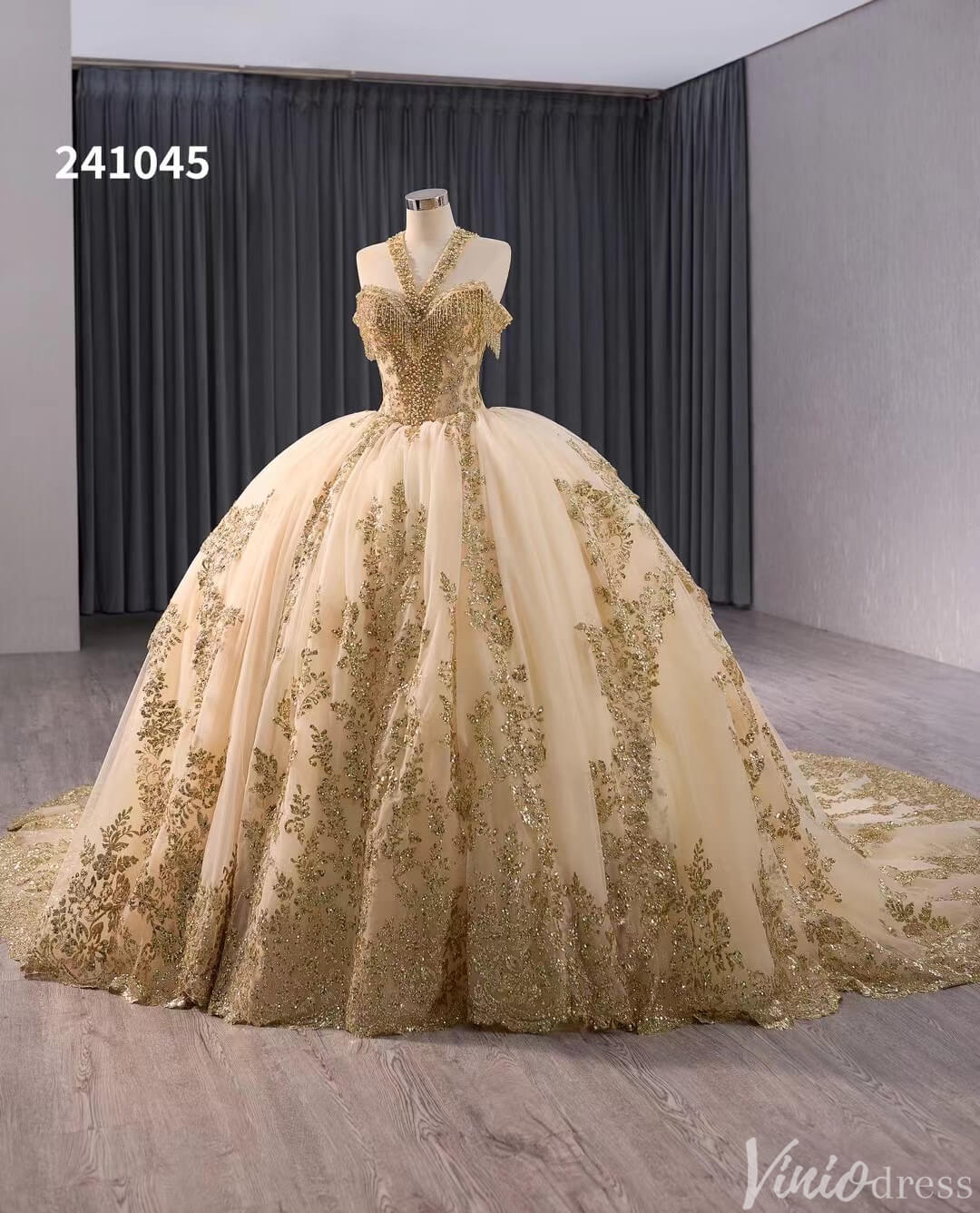 Gold Green Beaded Sequin Lace Wedding Gown Halter Neck Quinceanera Dress 241045-Quinceanera Dresses 2025 -Viniodress-Green-Custom Size-