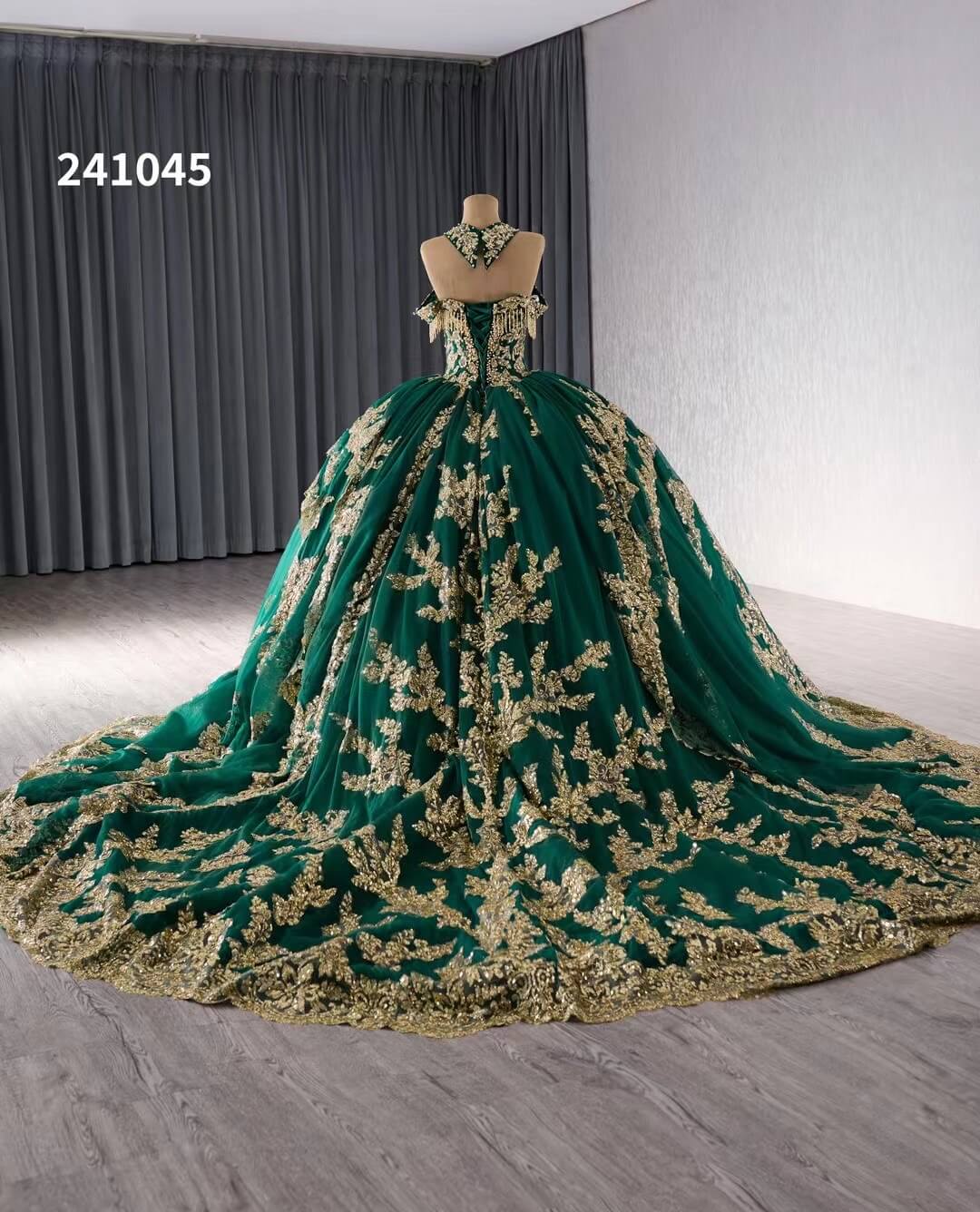 Gold Green Beaded Sequin Lace Wedding Gown Halter Neck Quinceanera Dress 241045 - ViniodressQuinceanera DressesChampagneCustom Size - Formal Dresses - Ball Gowns