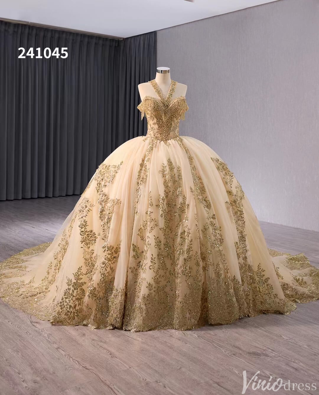 Gold Green Beaded Sequin Lace Wedding Gown Halter Neck Quinceanera Dress 241045-Quinceanera Dresses-Viniodress-Viniodress