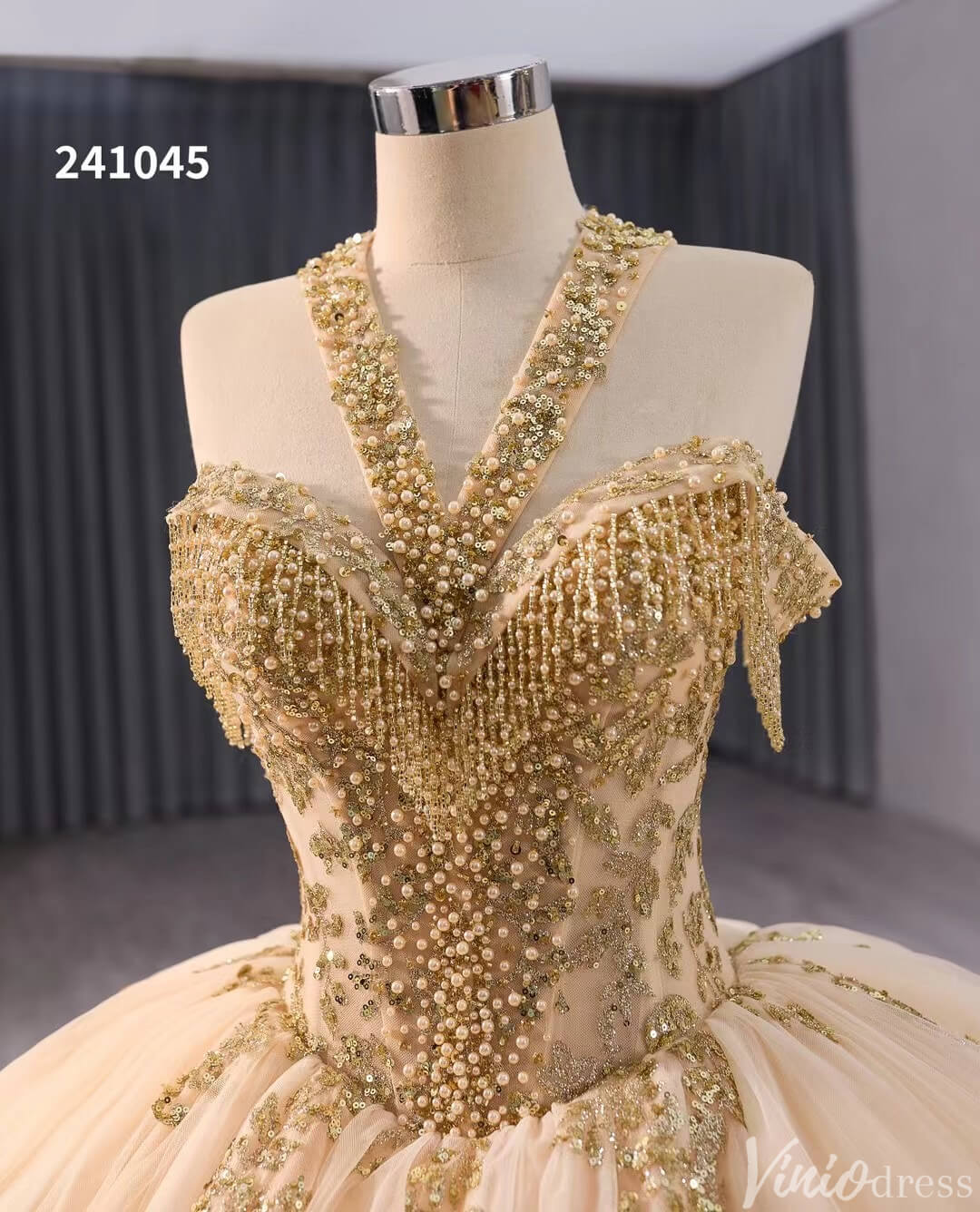 Gold Green Beaded Sequin Lace Wedding Gown Halter Neck Quinceanera Dress 241045 - ViniodressQuinceanera DressesChampagneCustom Size - Formal Dresses - Ball Gowns