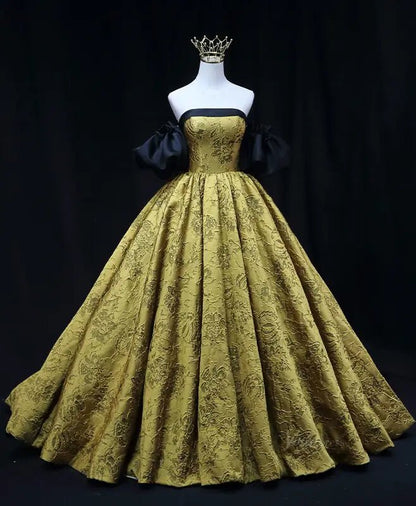 Gold Jacquard Prom Dresses with Puffed Sleeve, Off the Shoulder, Quinc Viniodress Gold Jacquard Prom Dresses with Puffed Sleeve, Off the Shoulder, Quinc Viniodress