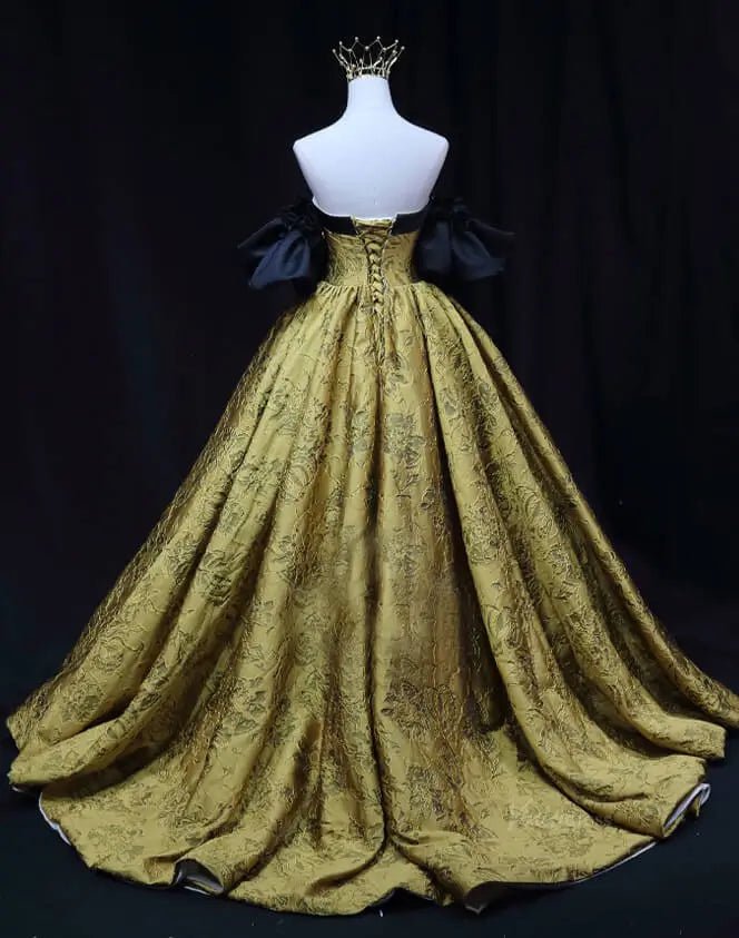 Gold Jacquard Prom Dresses with Puffed Sleeve, Off the Shoulder, Quinceanera Dresses SU078 - Viniodressprom dressesGoldCustom Size - Formal Dresses - Ball Gowns