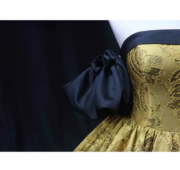 Gold Jacquard Prom Dresses with Puffed Sleeve, Off the Shoulder, Quinceanera Dresses SU078 - Viniodressprom dressesGoldCustom Size - Formal Dresses - Ball Gowns