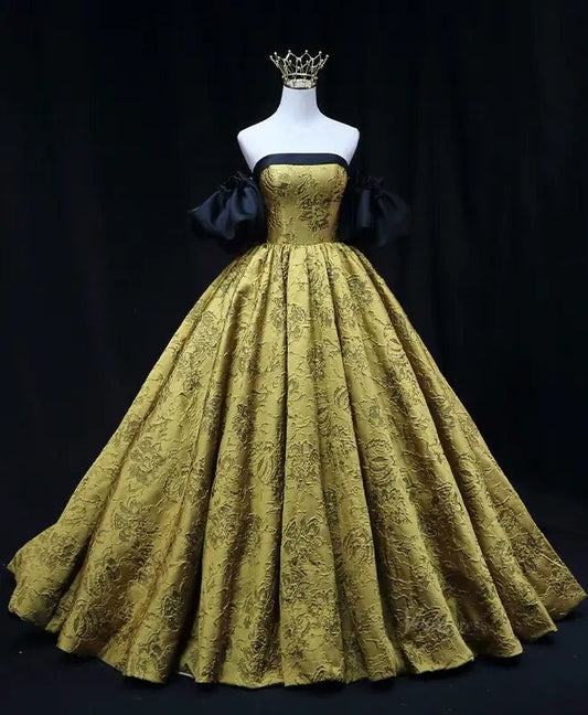 Gold Jacquard Prom Dresses with Puffed Sleeve, Off the Shoulder, Quinceanera Dresses SU078 - Viniodressprom dressesGoldCustom Size - Formal Dresses - Ball Gowns