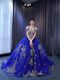 Gold Lace Appliqued Tulle Ball Gown Wedding Dress Sweet 16 Dress 231062