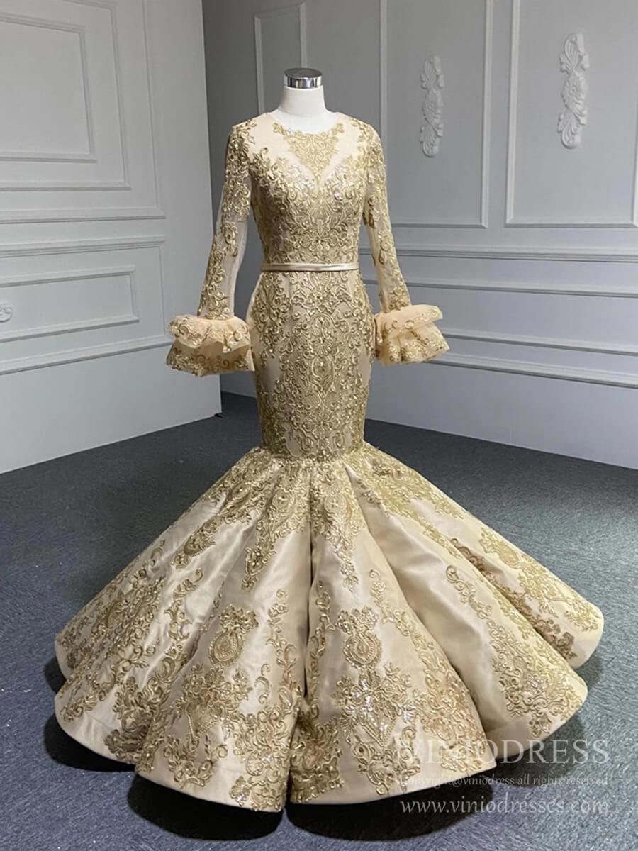 Gold Lace Mermaid Pageant Dress Little Girls Formal Dresses FD1388C-Pageant Dresses for Kids 2025 -Viniodress-As Picture-Custom Size-