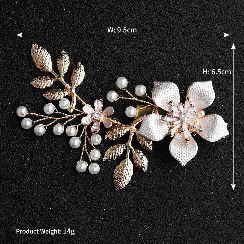 Gold Leaf and Flower Blossom Bridal Hair Clip with Pearls AC1056-Headpieces 2025 -Viniodress-Gold-