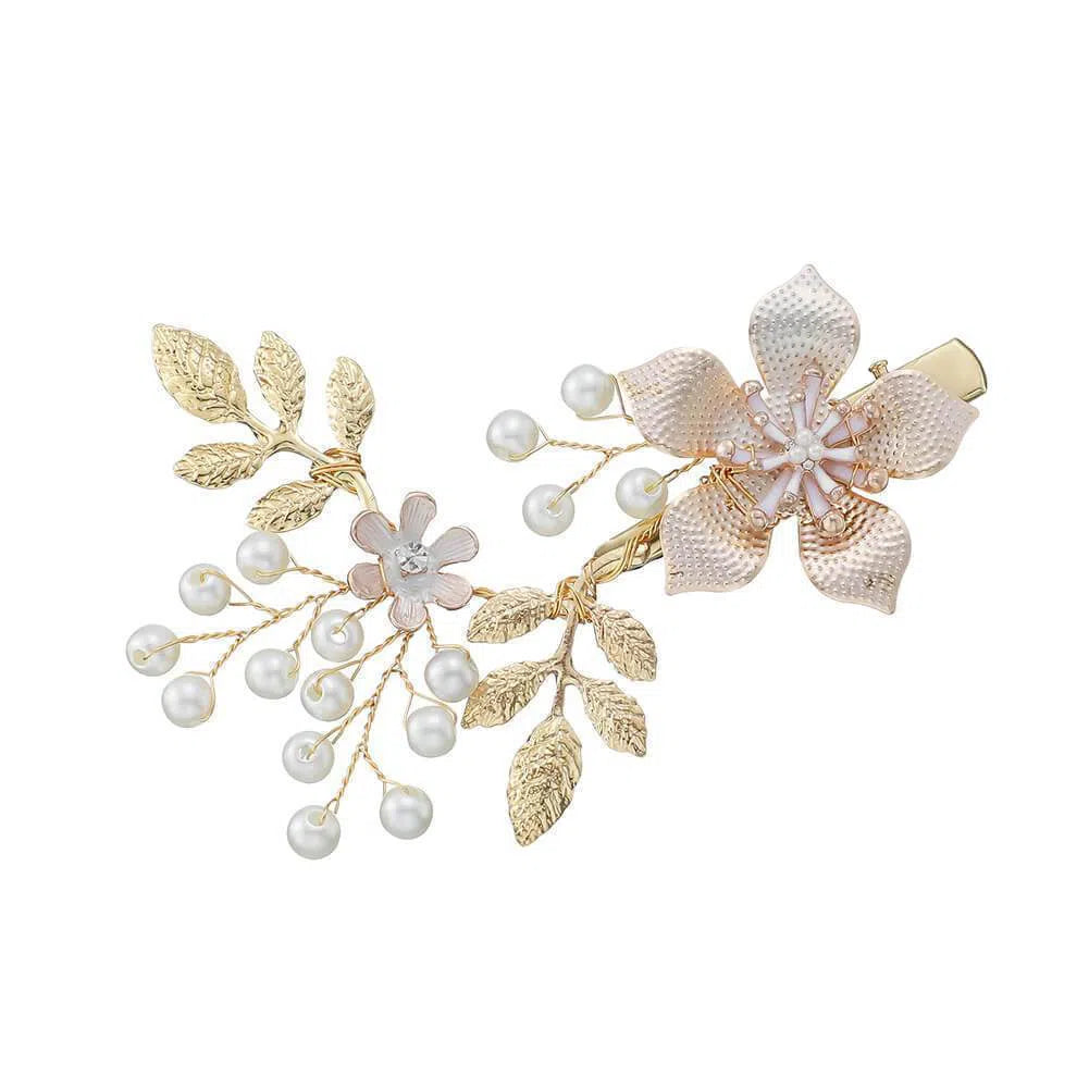 Gold Leaf and Flower Blossom Bridal Hair Clip with Pearls AC1056-Headpieces 2025 -Viniodress-Gold-