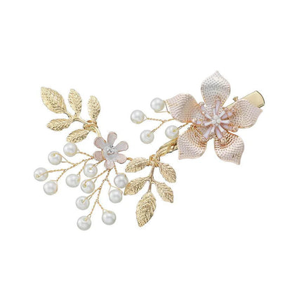 Gold Leaf and Flower Blossom Bridal Hair Clip with Pearls AC1056-Headpieces 2025 -Viniodress-Gold-