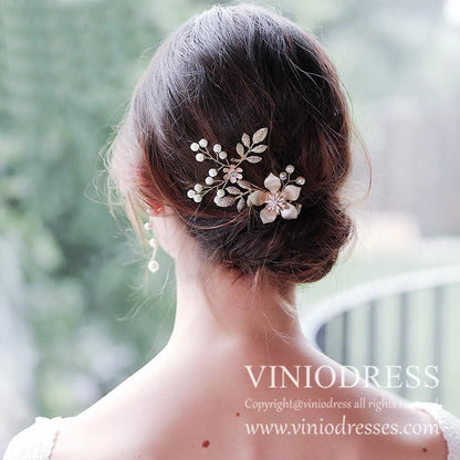 Gold Leaf and Flower Blossom Bridal Hair Clip with Pearls AC1056-Headpieces 2025 -Viniodress-Gold-