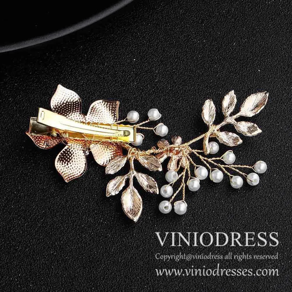 Gold Leaf and Flower Blossom Bridal Hair Clip with Pearls AC1056-Headpieces-Viniodress-Gold-Viniodress