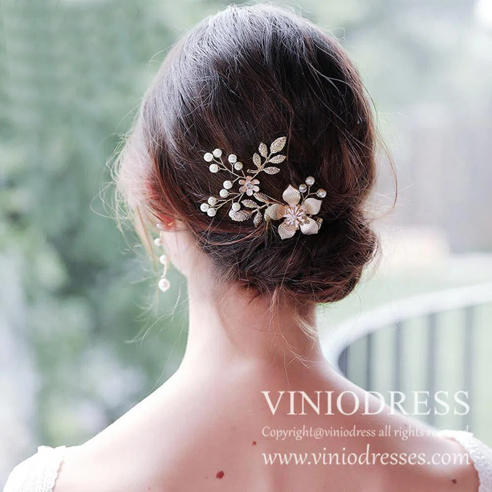 Gold Leaf and Flower Blossom Bridal Hair Clip with Pearls AC1056-Headpieces-Viniodress-Gold-Viniodress