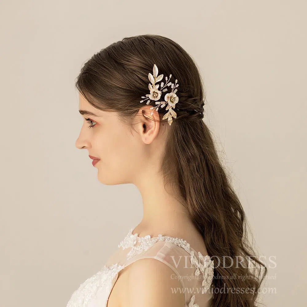 Gold Leaf and Flower Bridal Hairpins AC1112-Headpieces 2025 -Viniodress-1SET-