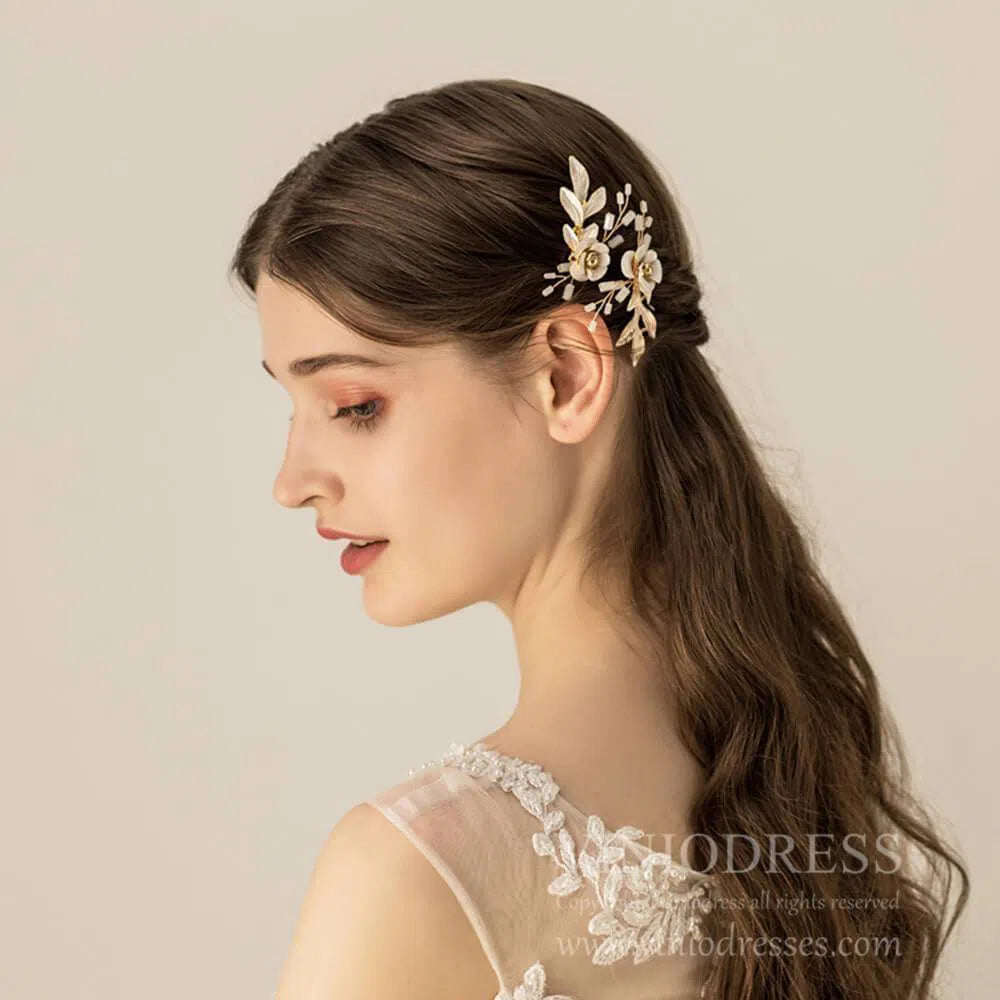 Gold Leaf and Flower Bridal Hairpins AC1112-Headpieces 2025 -Viniodress-1SET-