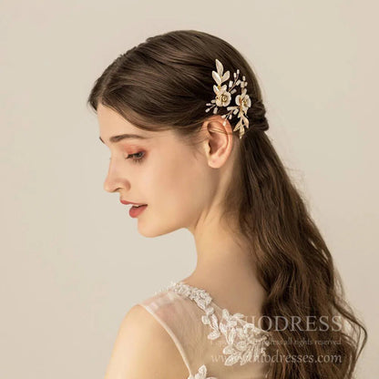 Gold Leaf and Flower Bridal Hairpins AC1112-Headpieces 2025 -Viniodress-1SET-