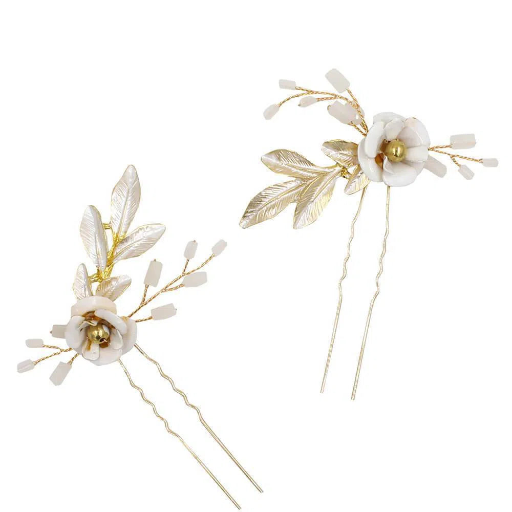 Gold Leaf and Flower Bridal Hairpins AC1112-Headpieces 2025 -Viniodress-1SET-