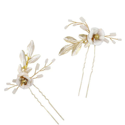 Gold Leaf and Flower Bridal Hairpins AC1112-Headpieces 2025 -Viniodress-1SET-