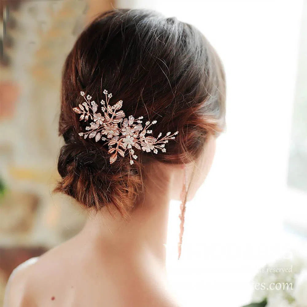 Gold Leaf Bridal Comb with Flower Sprays AC1064-Headpieces 2025 -Viniodress-Rose Gold-