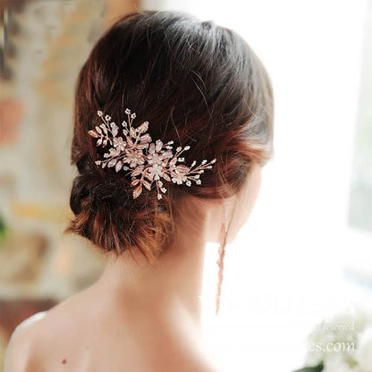 Gold Leaf Bridal Comb with Flower Sprays AC1064-Headpieces 2025 -Viniodress-Rose Gold-