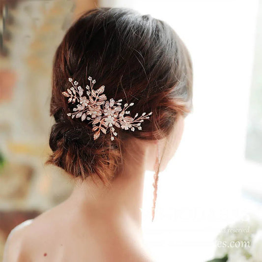 Gold Leaf Bridal Comb with Flower Sprays AC1064-Headpieces-Viniodress-Rose Gold-Viniodress