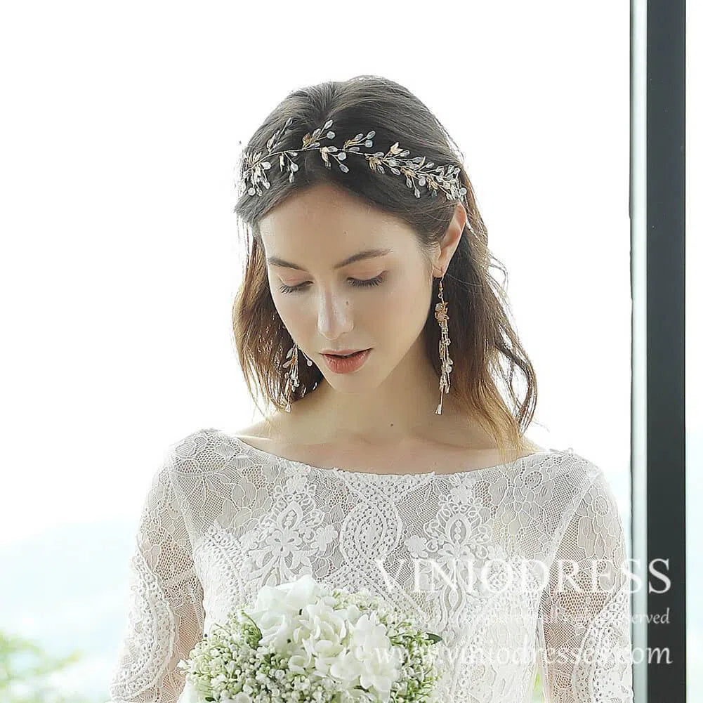 Gold Leaf Crystal Spray Headband AC1034-Headpieces 2025 -Viniodress-Headband-