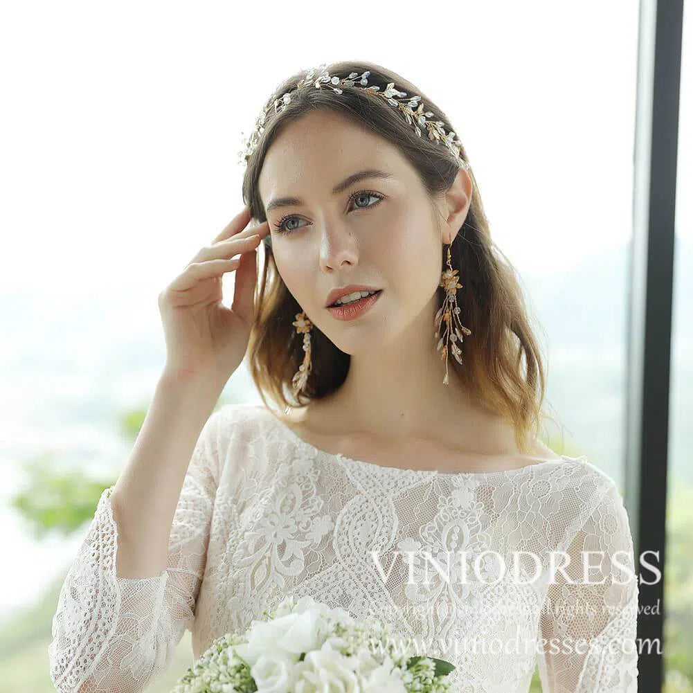 Gold Leaf Crystal Spray Headband AC1034-Headpieces-Viniodress-Headband-Viniodress