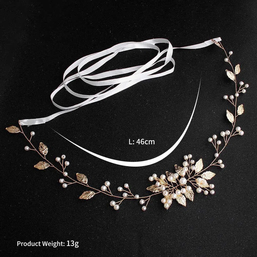 Gold Leaf Headband and Sash for Bride AC1070-Headpieces 2025 -Viniodress-Sash-