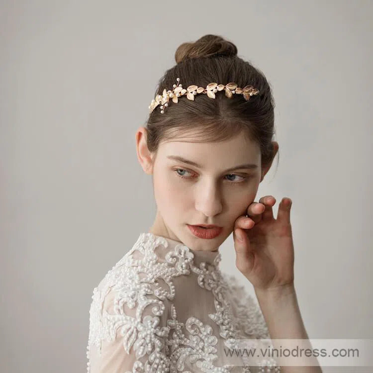 Gold Leaf Headband with Pearls Viniodress ACC1116-Headpieces 2025 -Viniodress-Gold-