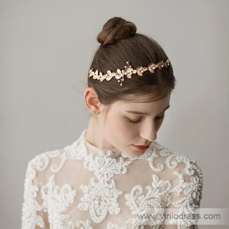 Gold Leaf Headband with Pearls Viniodress ACC1116-Headpieces 2025 -Viniodress-Gold-