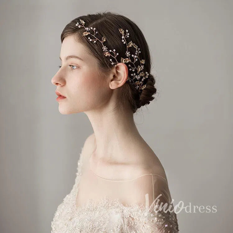Gold Leaves Crystal Petals Bridal Headband Viniodress ACC1106-Headpieces 2025 -Viniodress-Gold-