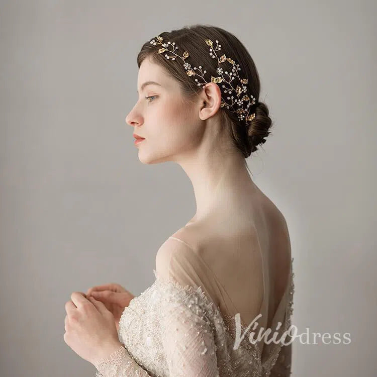 Gold Leaves Crystal Petals Bridal Headband Viniodress ACC1106-Headpieces 2025 -Viniodress-Gold-
