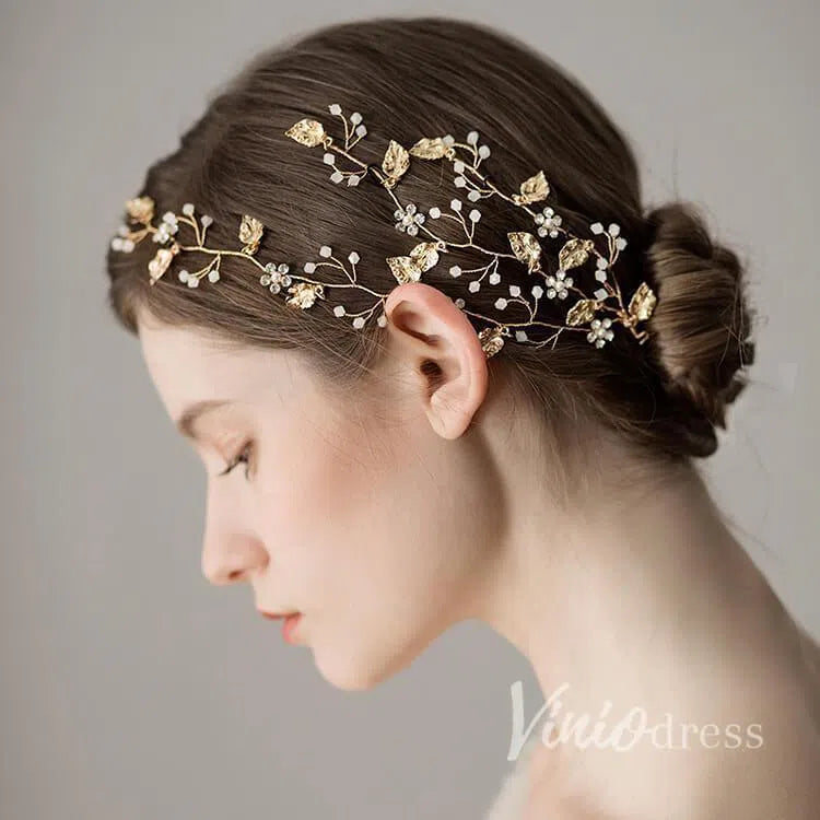Gold Leaves Crystal Petals Bridal Headband Viniodress ACC1106-Headpieces 2025 -Viniodress-Gold-