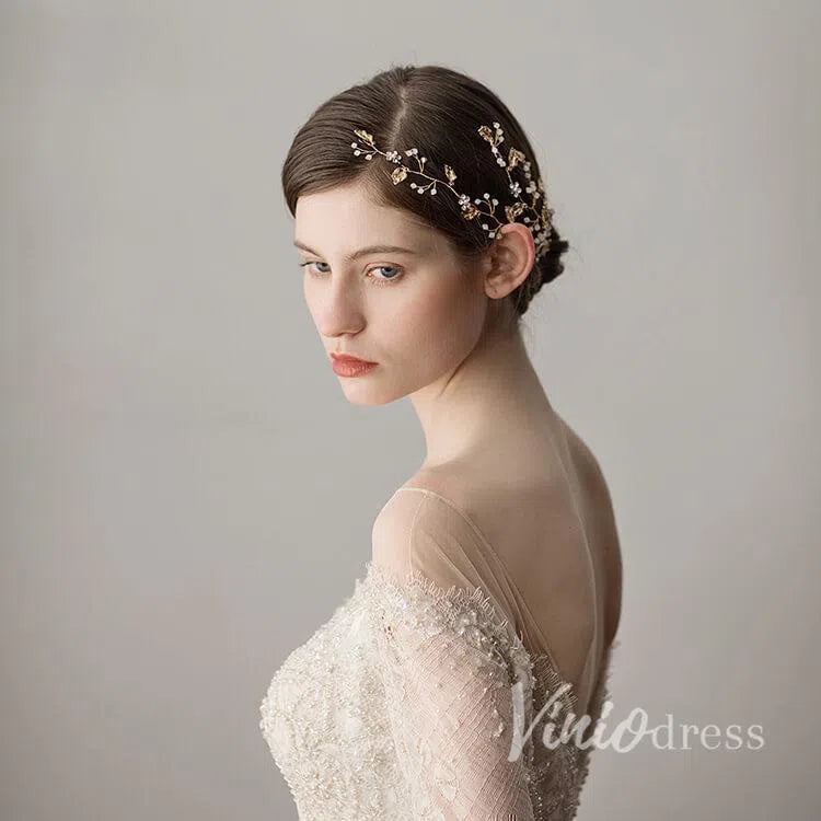 Gold Leaves Crystal Petals Bridal Headband Viniodress ACC1106-Headpieces 2025 -Viniodress-Gold-