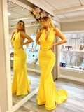 Gold Mermaid Satin Prom Dresses Halter Neck Evening Dress FD2682