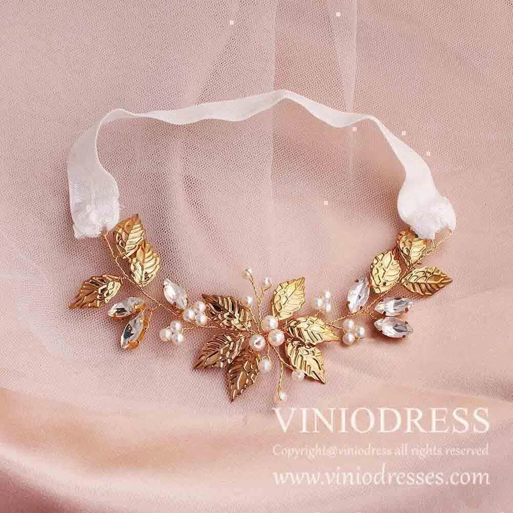 Gold Metal Leaf Wedding Garter with Pearls and Crystals AC1035-Bridal Jewelry 2025 -Viniodress-Gold-